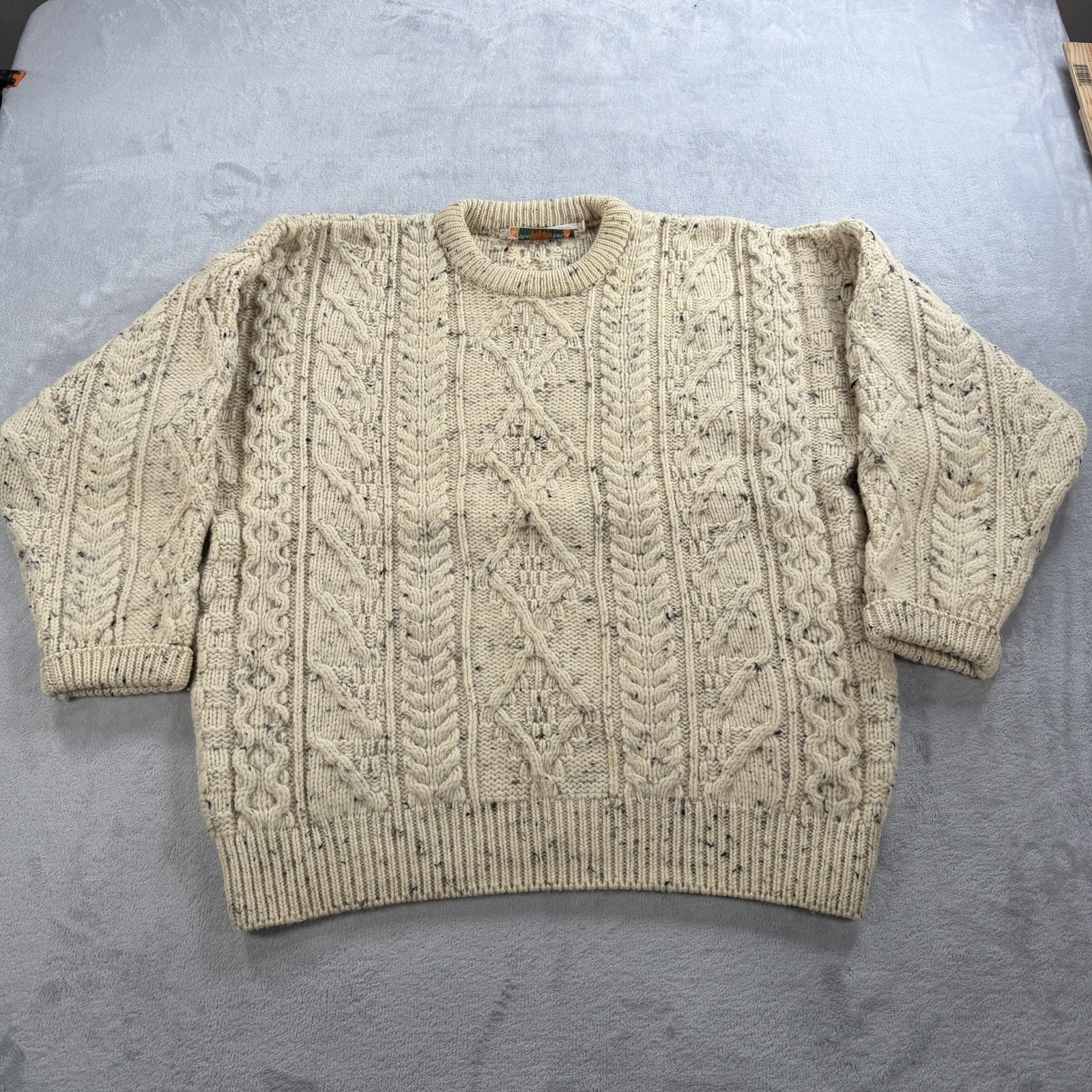 Quills Woolen Market 100% Wool Ireland Aran Fisherman Sweater Mens L Cable Knit