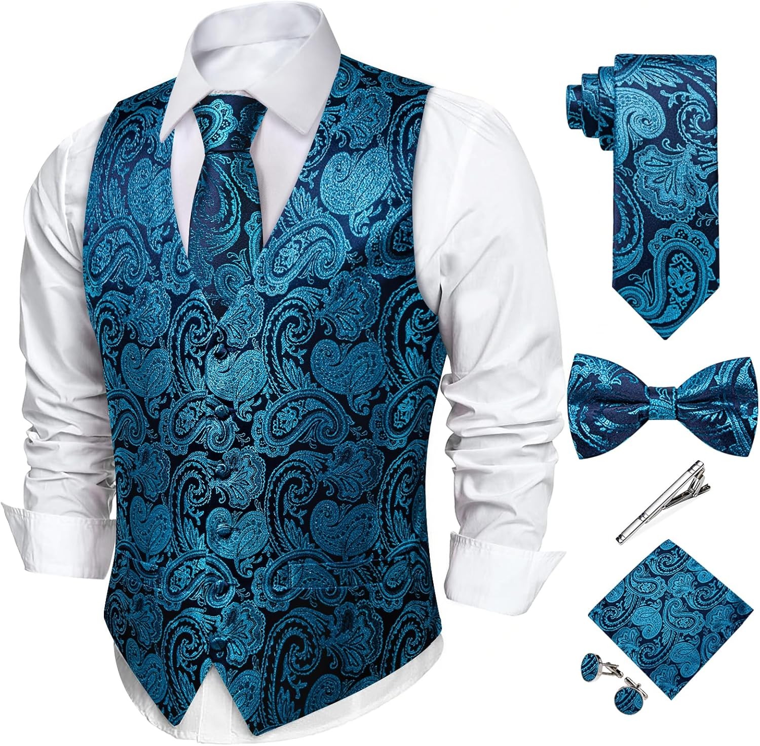 6-Piece Men's Jacquard Silk Paisley Vest Set with Tie Bowtie Formal Waistcoat