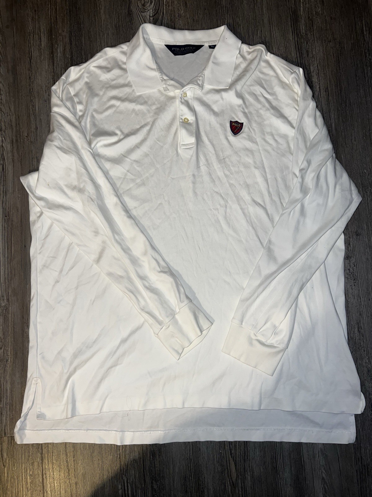 VINTAGE Ralph Lauren Polo Golf Long SleeveShirt Mens White Rugby Crest Shield XL