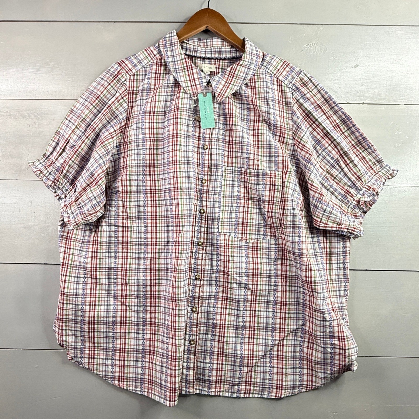Pilcro Anthropologie Shirt Womens 3X Multicolor Plaid Short Puff Sleeve