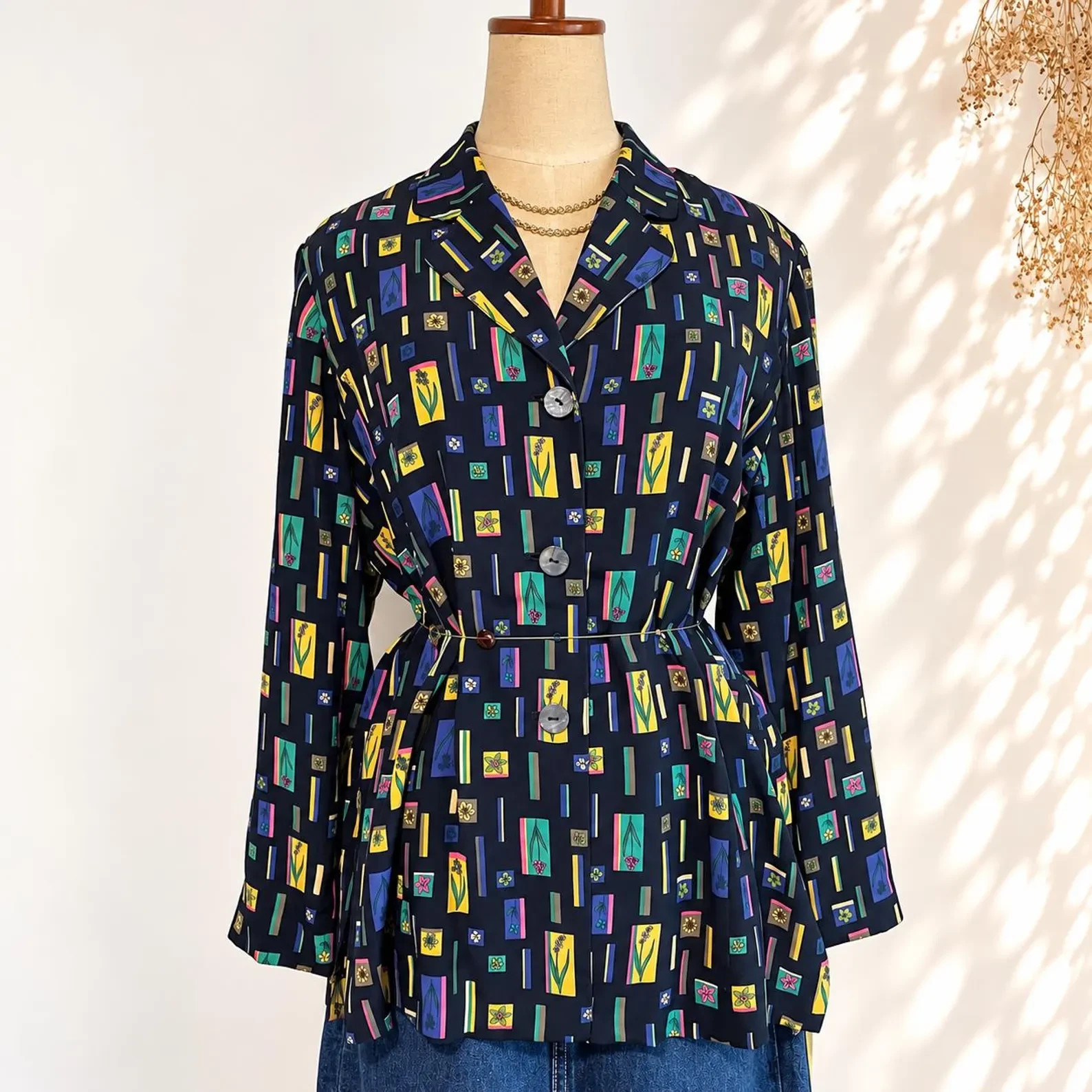 VTG 90s NWT 100% Silk Geometric Print Shirt Jacket Womens Navy Blue Blouse