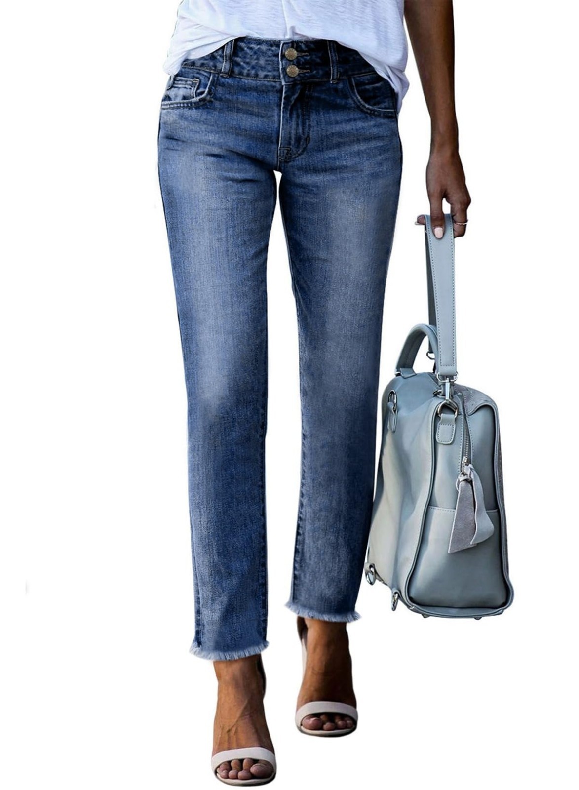 High Waisted Raw Hem Straight Leg Jeans for Women - Trendy Casual Denim Pants