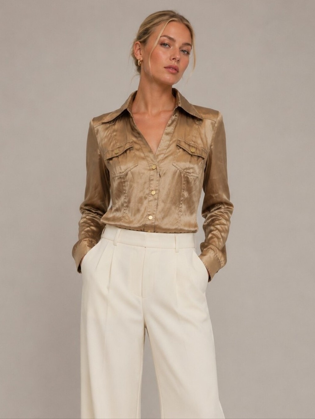 Cache Vintage Gold Silk Blend Snap Front Shirt, Size 4