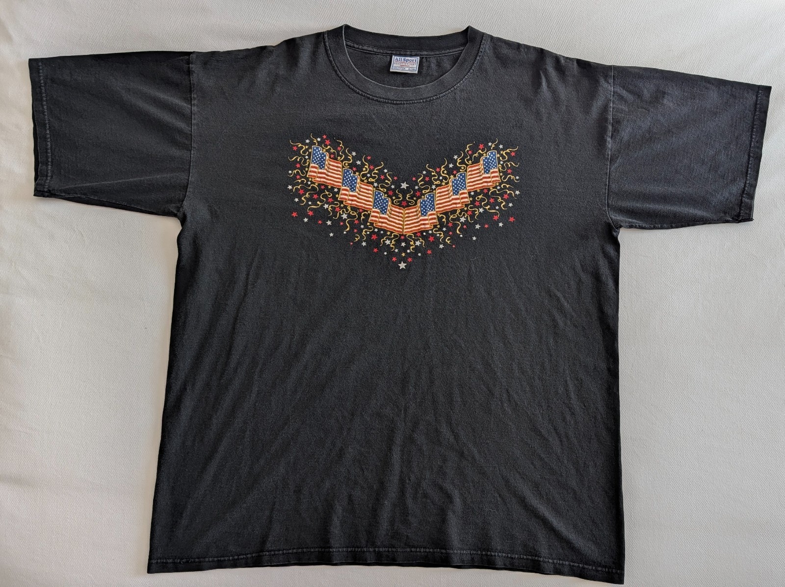 Vintage Y2K All Sport American Flag Fireworks T-Shirt Black Faded Heavyweight XL