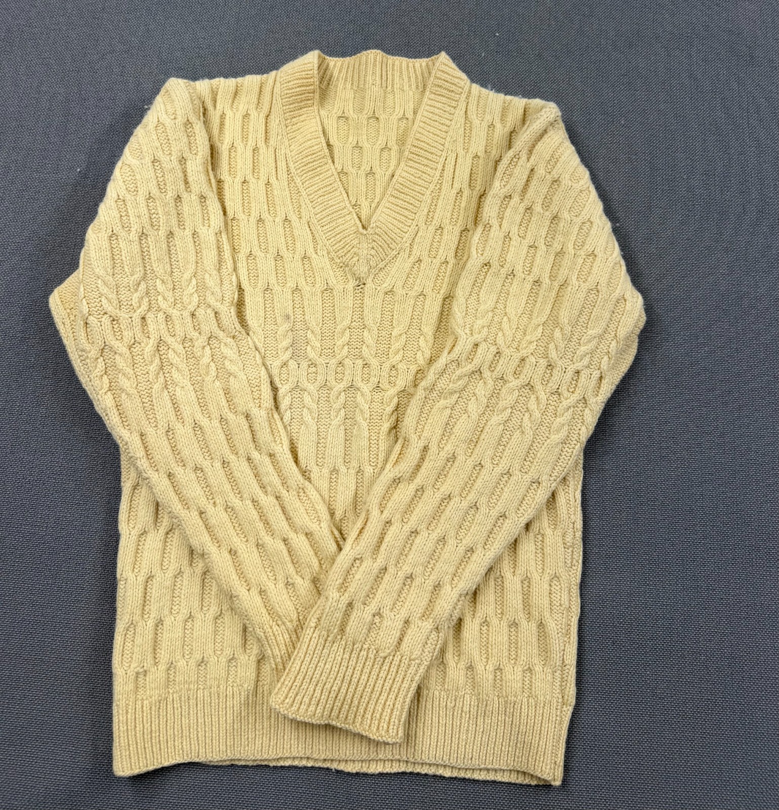 Vintage 1970s Monarcio Original Yellow Chunky Cable Knit V-Neck Wool Sweater