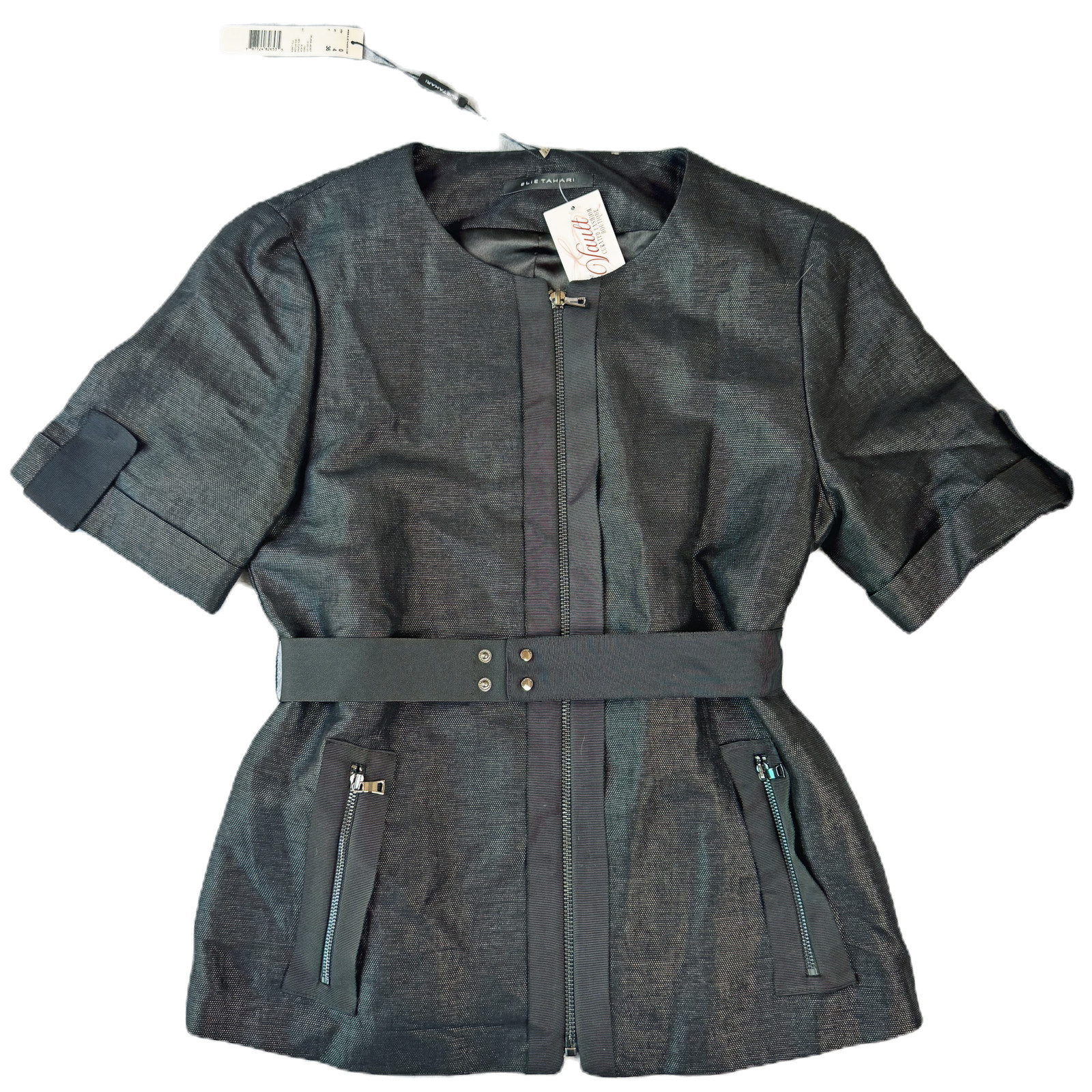 Black Graphite Metallic Woven Belted Jacket - Elie Tahari