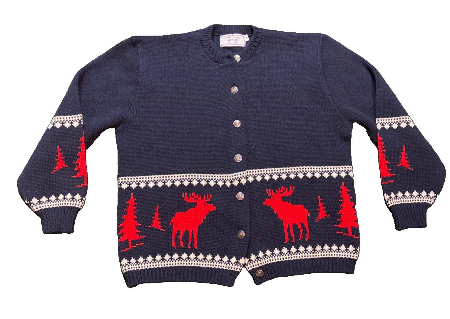 VTG 60s Jersild Nordic Cardigan Sweater Navy Red Moose Reindeer Pine Tree Sz XL