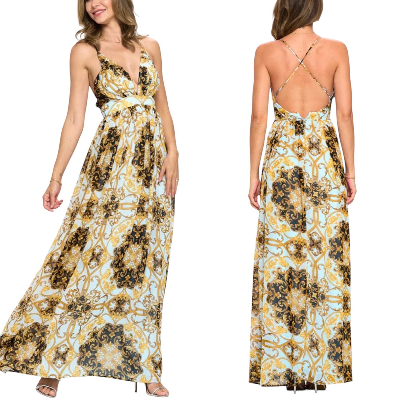 Ricarica Baroque Chiffon Maxi Dress Blue Gold Backless Wedding Guest M NWT