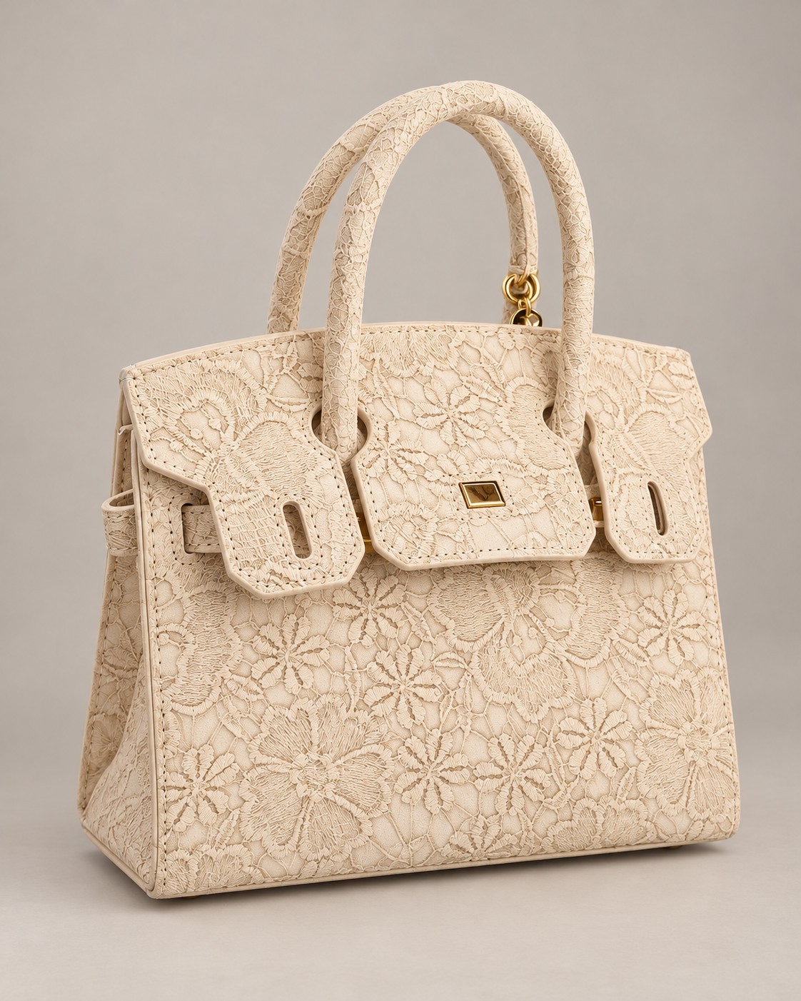 Women\'s Brown Floral Lace Embroidered Top Handle Satchel Handbag Gold Turn Lock