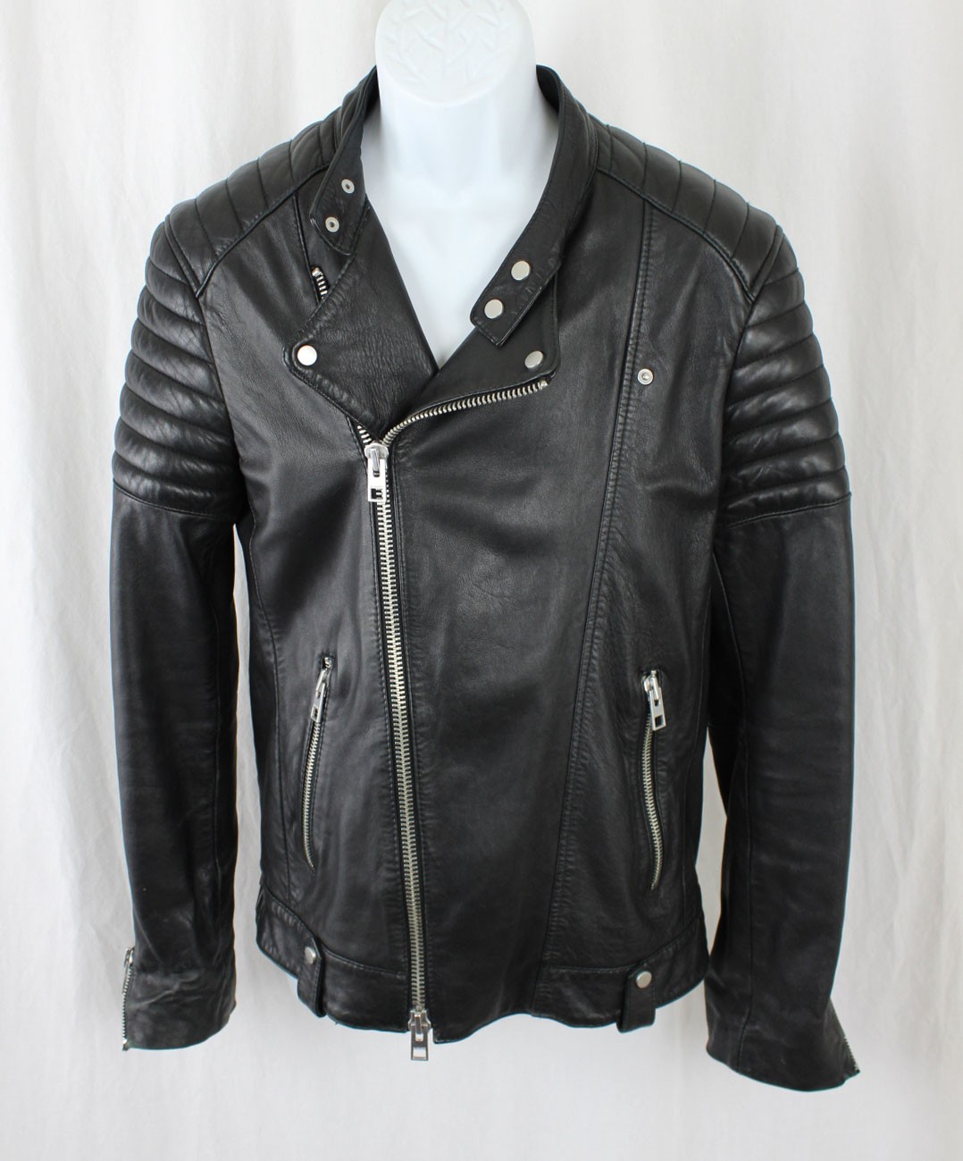 AllSaints Men\'s Black Jasper Biker Leather Motorcycle Jacket Size Small