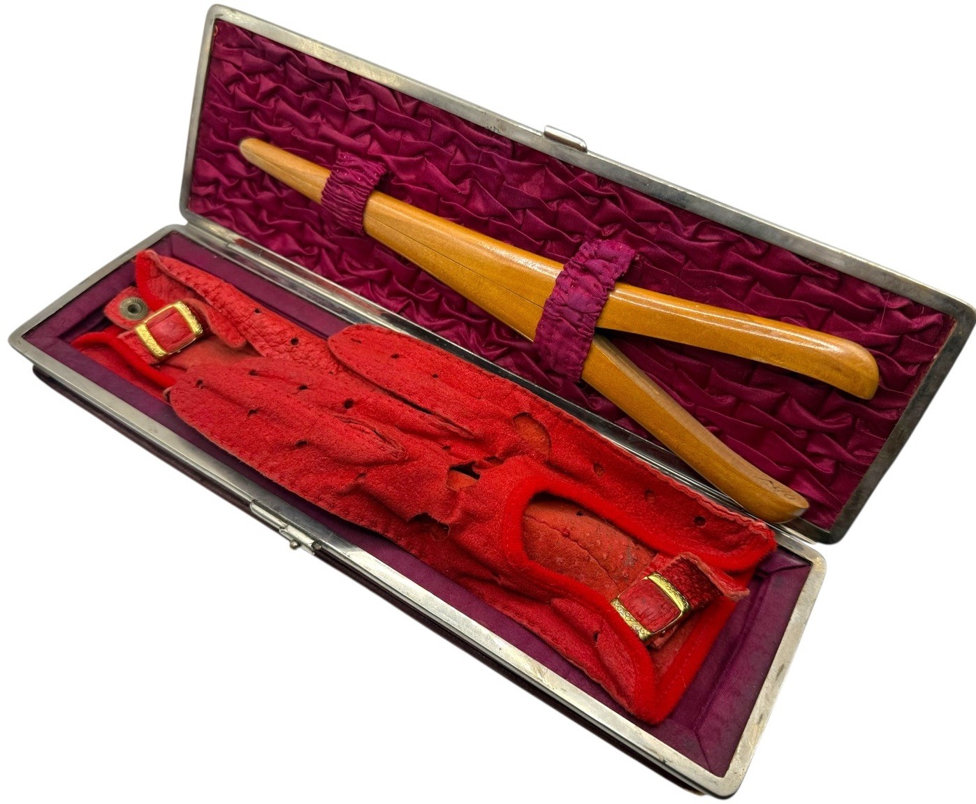Antique Glove Box Accordion Case Perforated Red Leather Driving Gloves 