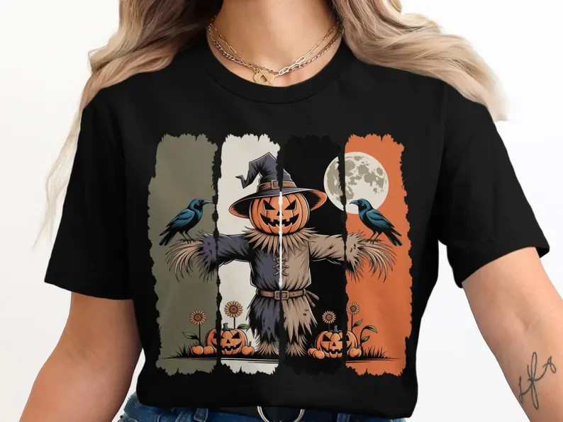 Spooky Scarecrow Halloween T-Shirt Pumpkin Crow Vintage Autumn Graphic Tee