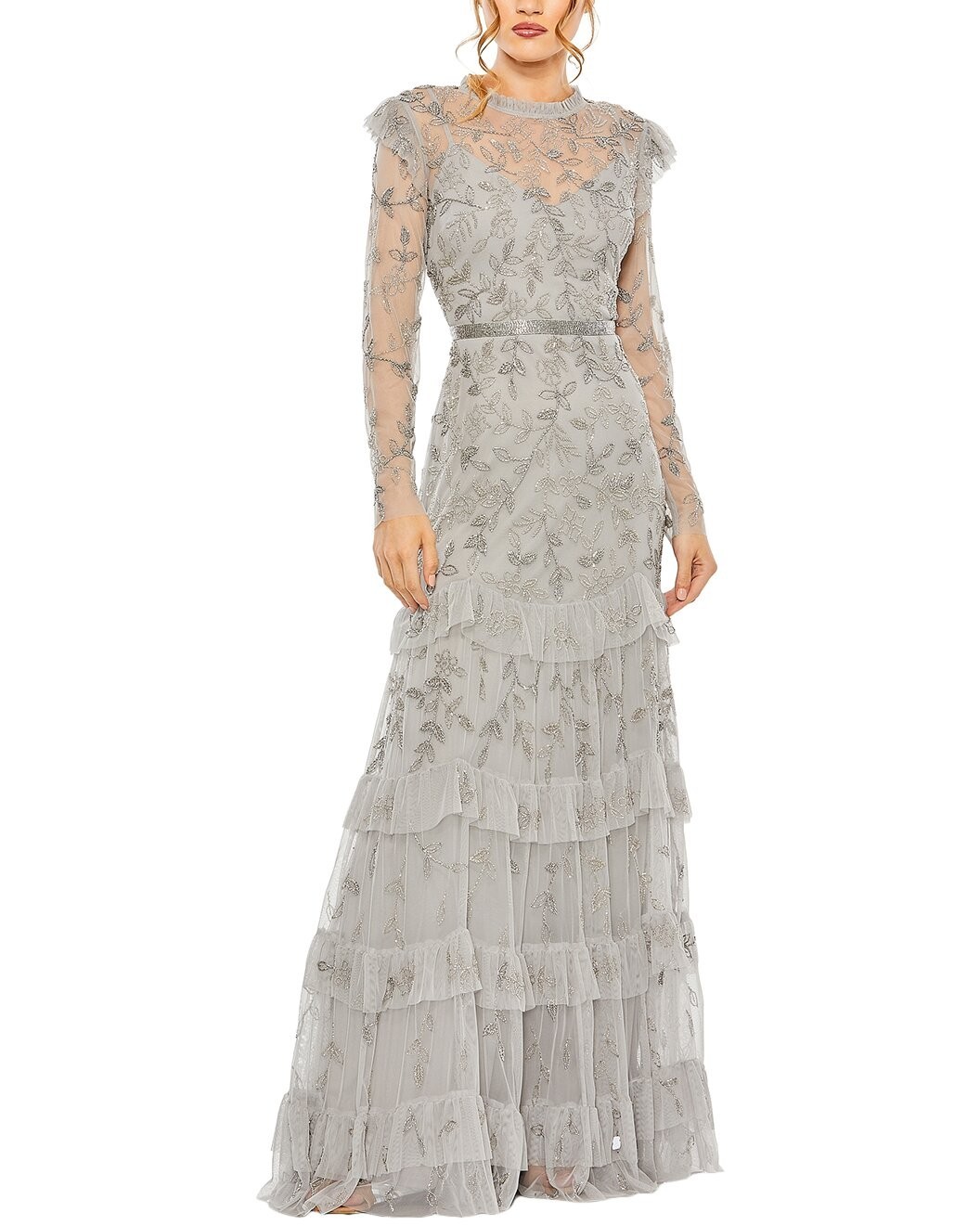 Mac Duggal Platinum High Neck Long Sleeve Tiered Embellished Gown Size 18 $698