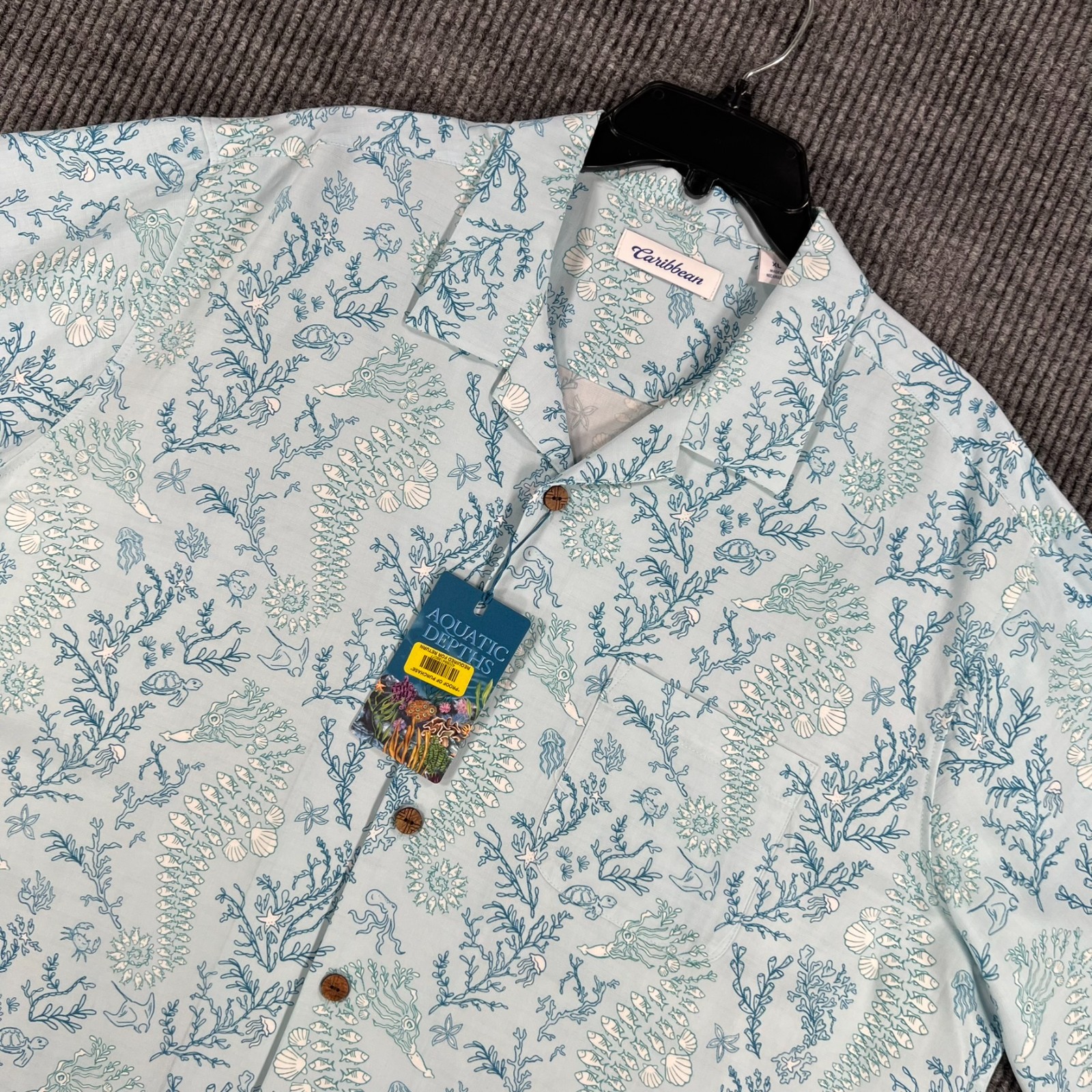 Caribbean Shirt Mens XL Extra Large Blue Geometric Short Sleeve Button Up New 1