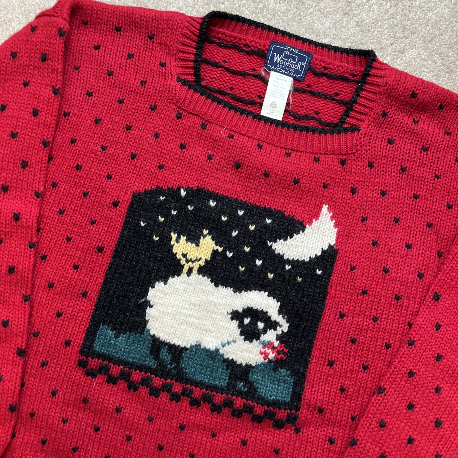 Vintage Woolrich Wool Sweater Womens Large Sheep Bird Red Knit Cozy Birds Eye