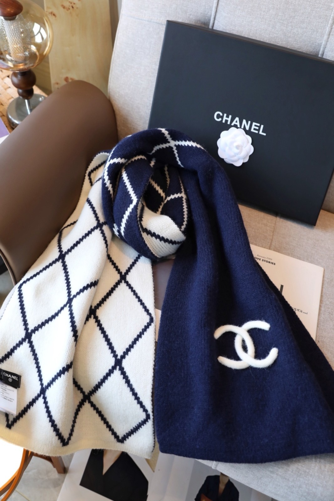 CHANEL Wool Cashmere Scarf Navy Blue Ivory Diamond Pattern CC Logo 30x180cm