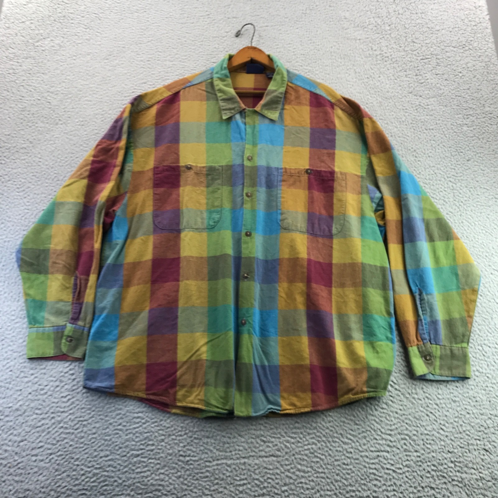 Vtg Bon Homme Shirt Mens Green Blue Plaid Loop Collar Camp Long Sleeve USA Made