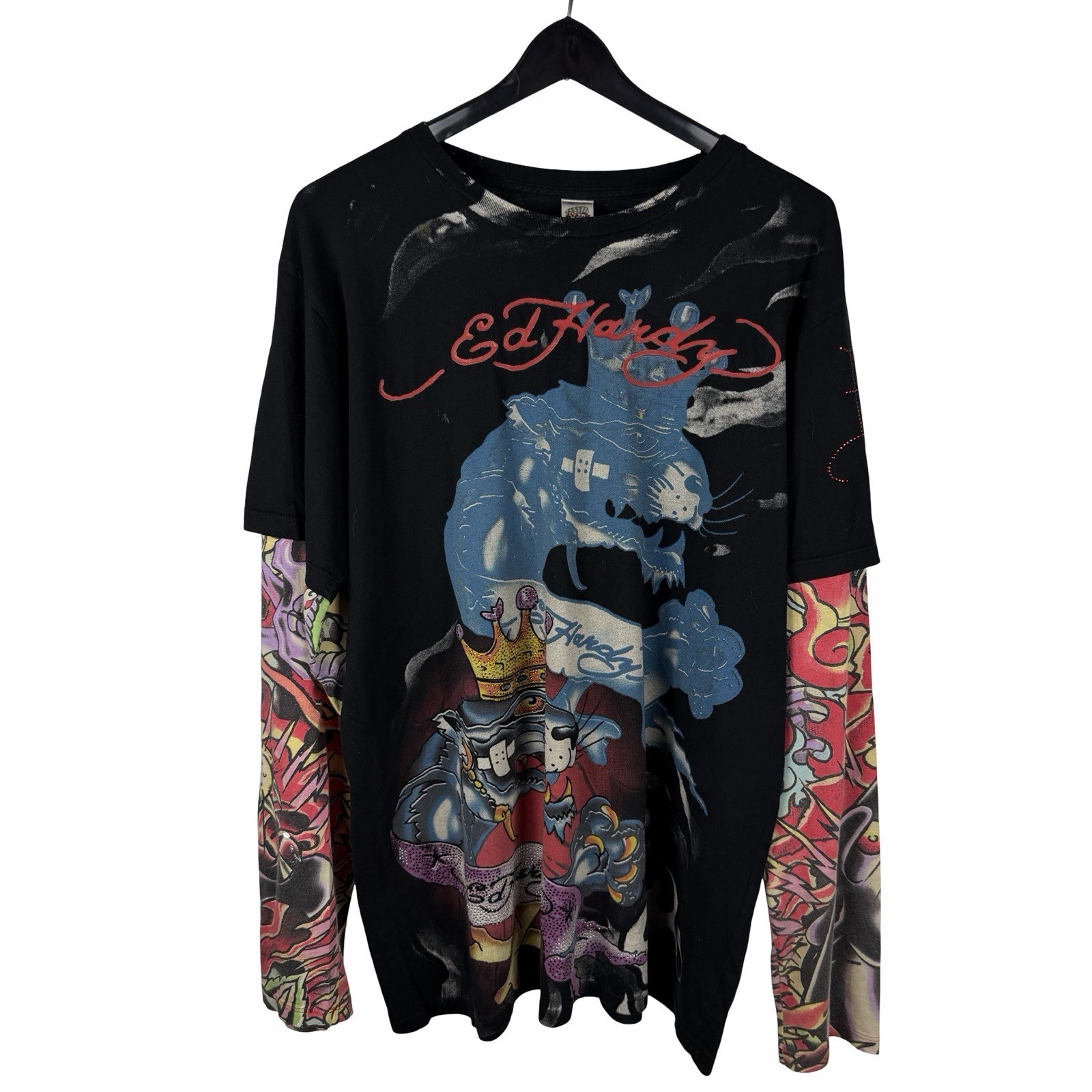 Vintage 2000s RARE Ed Hardy Double Layer Tattoo Punk Graphic Shirt Size L