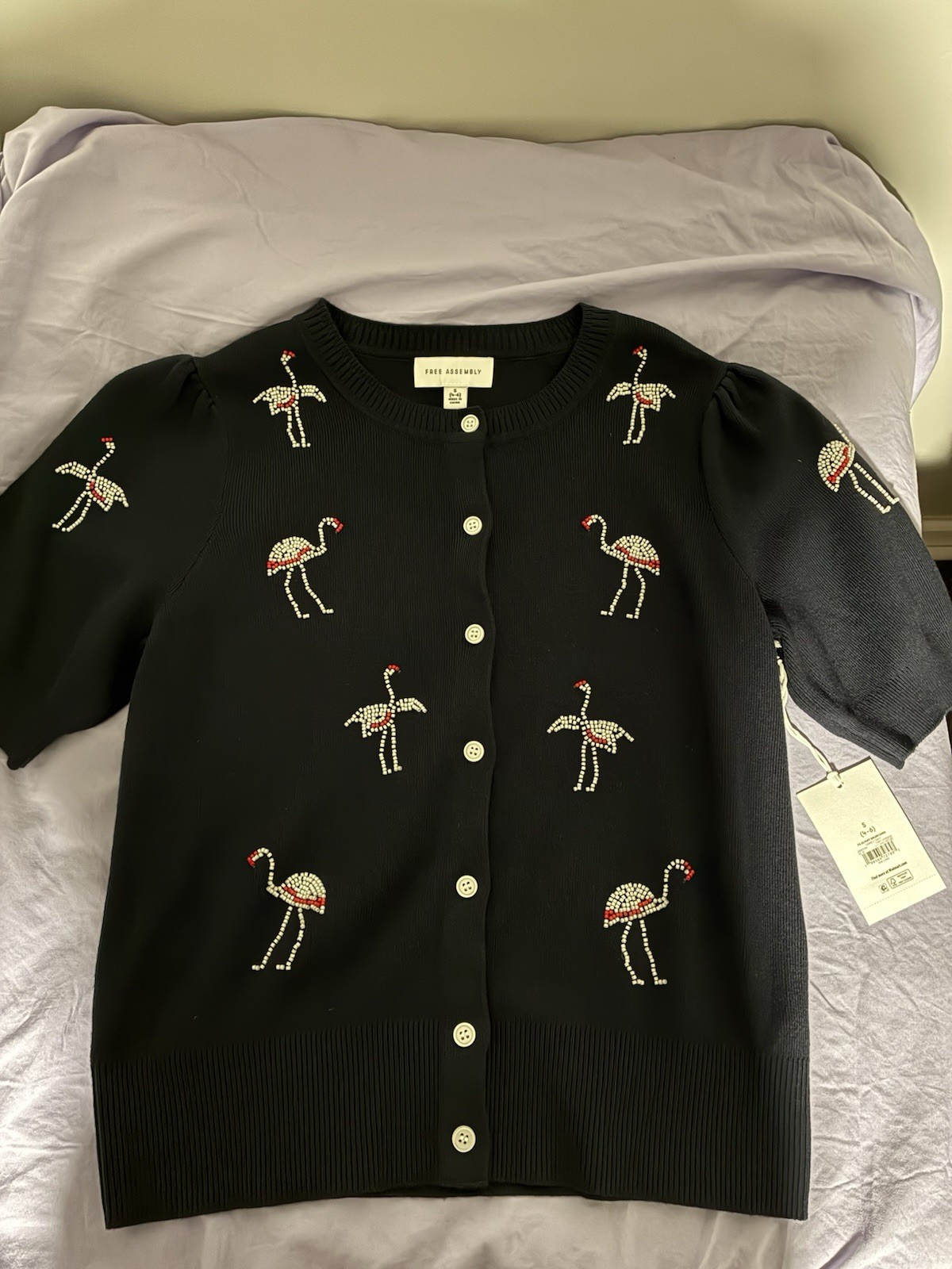 NWT FREE ASSEMBLY Blue w/ Bling FLAMINGOS Puff Shoulder Cardigan Sweater Sz S