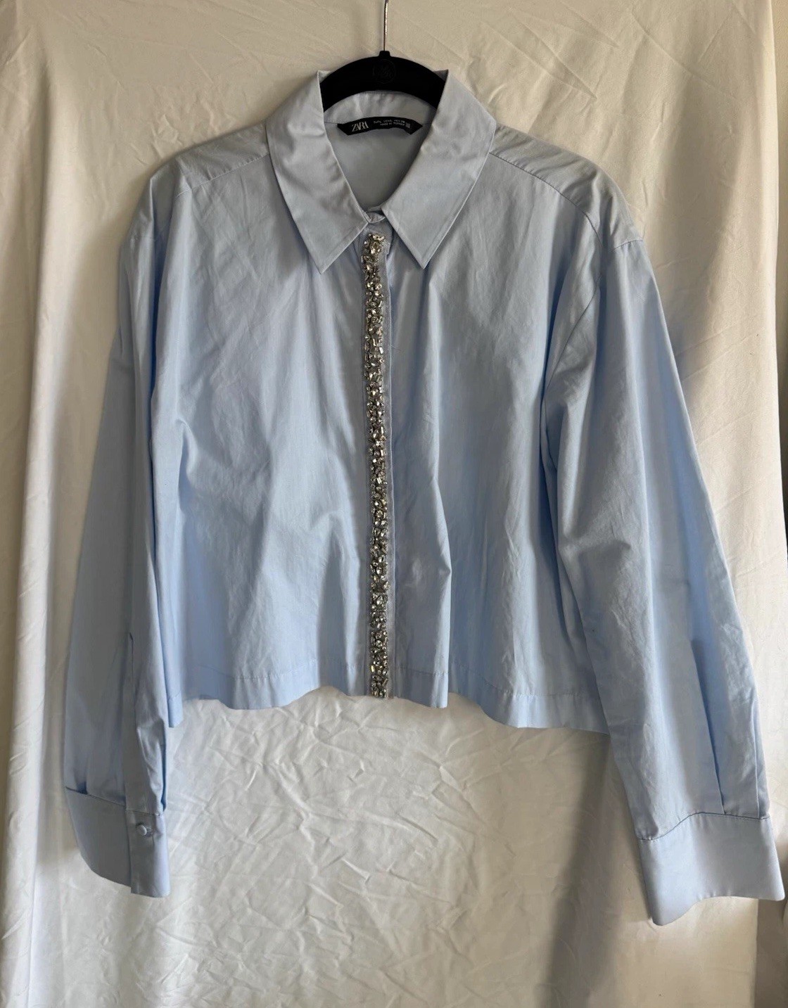 Zara Pale Blue Cropped Rhinestone Crystal Embellished Button Shirt Size L