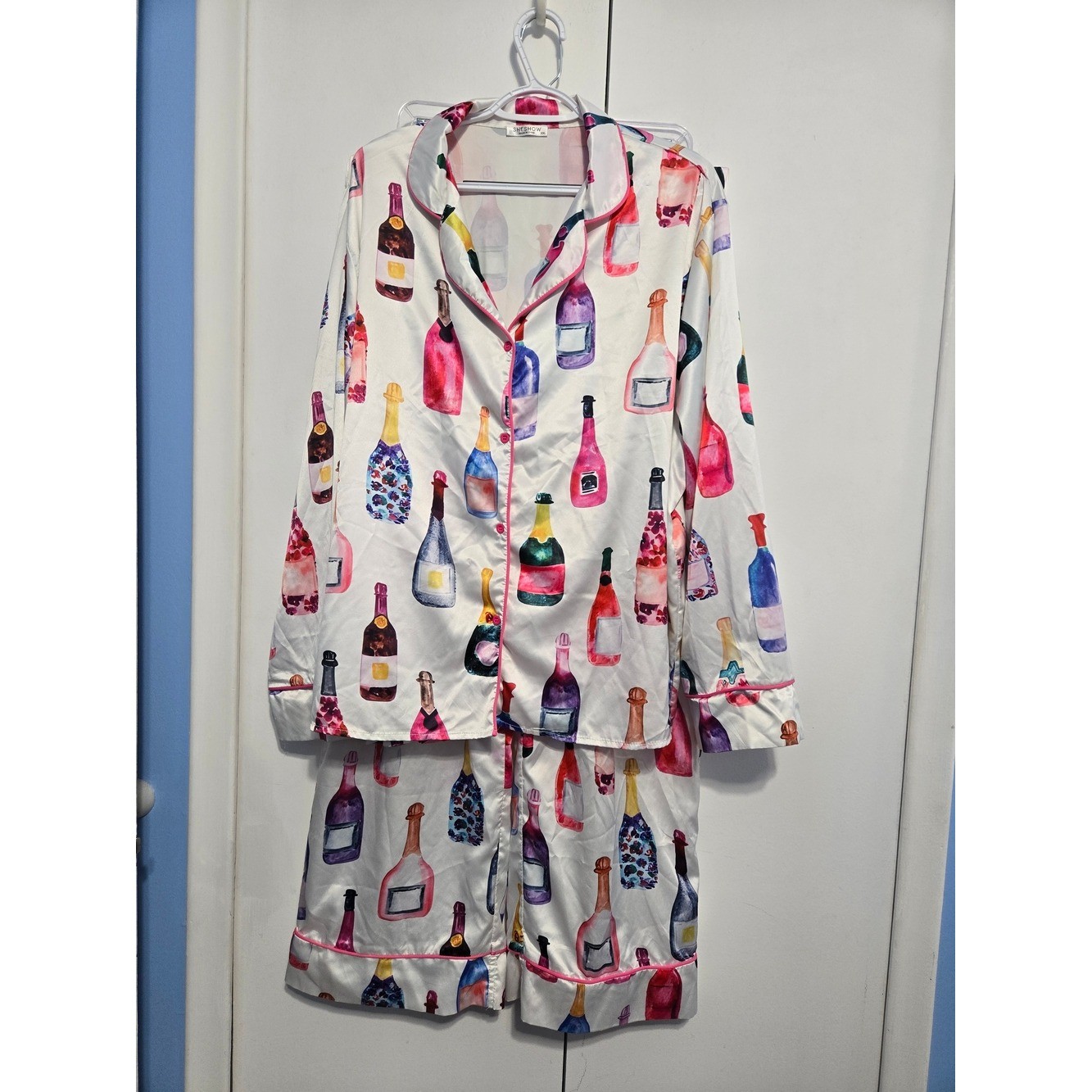 SHESHOW Champagne Bottle Satin Pajama Set XXL 2XL Pink Bubbly Wine PJs