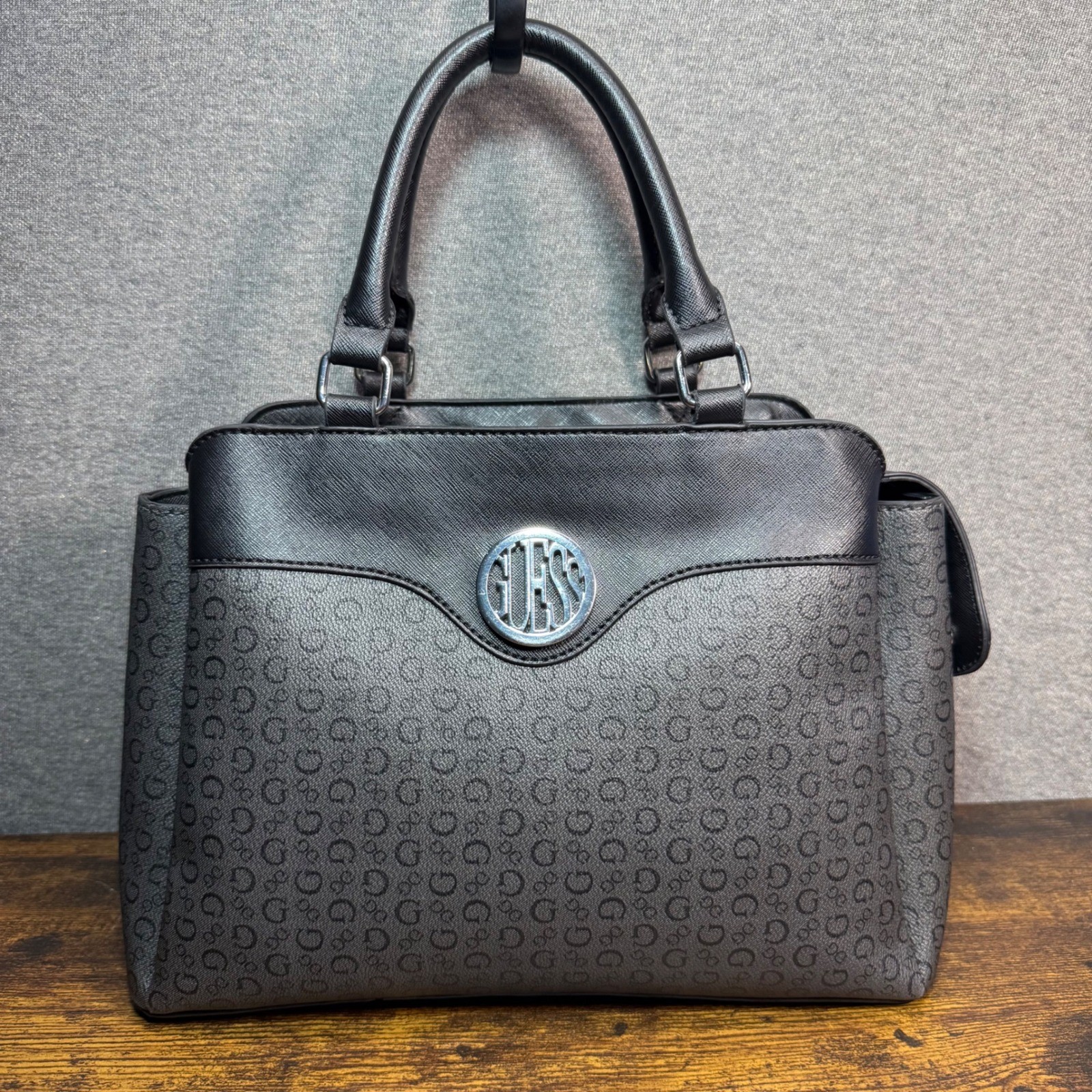 GUESS Satchel Handbag Black Grey Monogram Logo Purse Large Tote Shoulder Bag