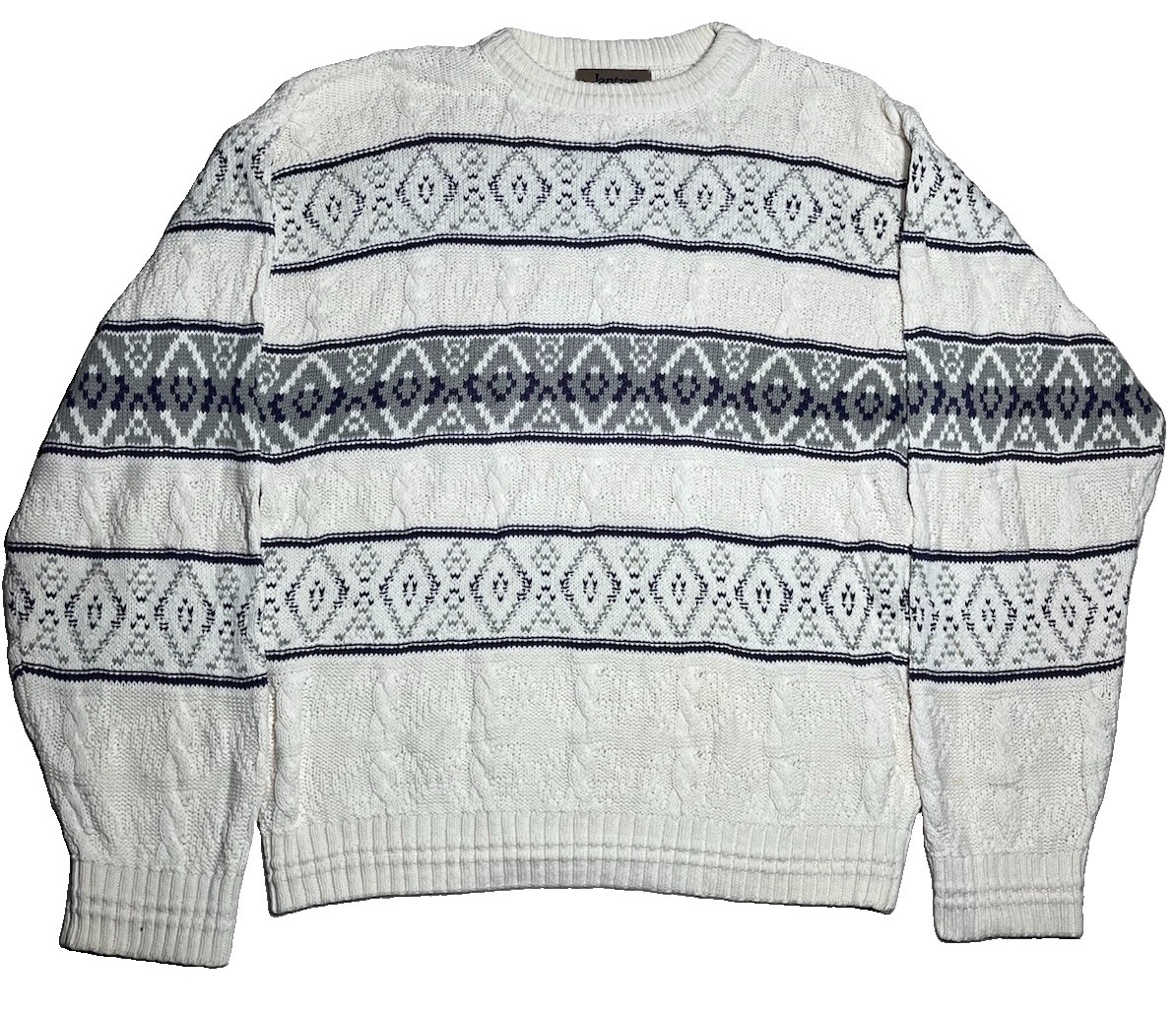 Vintage 90s Jantzen Geometric Knit Sweater Mens Large Cream Gray Blue USA Made
