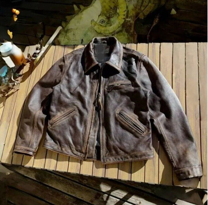 Men\'s Vintage Style Cowhide Genuine Leather Retro Motorcycle Brown Biker Jacket
