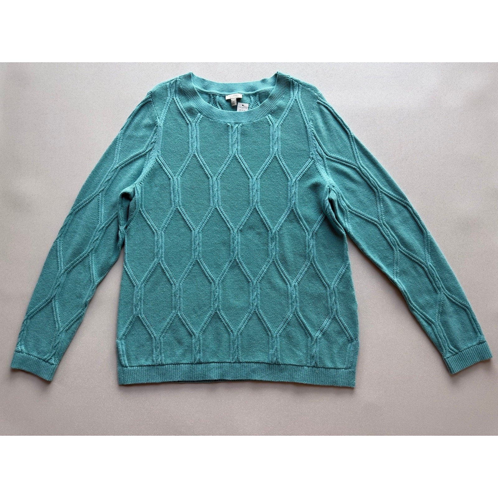 New Talbots Women\'s Teal Textured Diamond Cable Knit Crewneck Sweater Size L