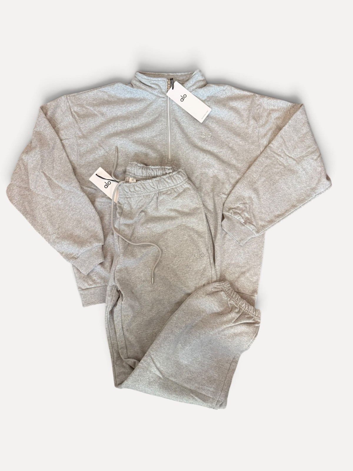 Alo Unisex Gray Fleece Sweatsuit Set Small 2pc Relaxed Mock Neck Elastic Waist