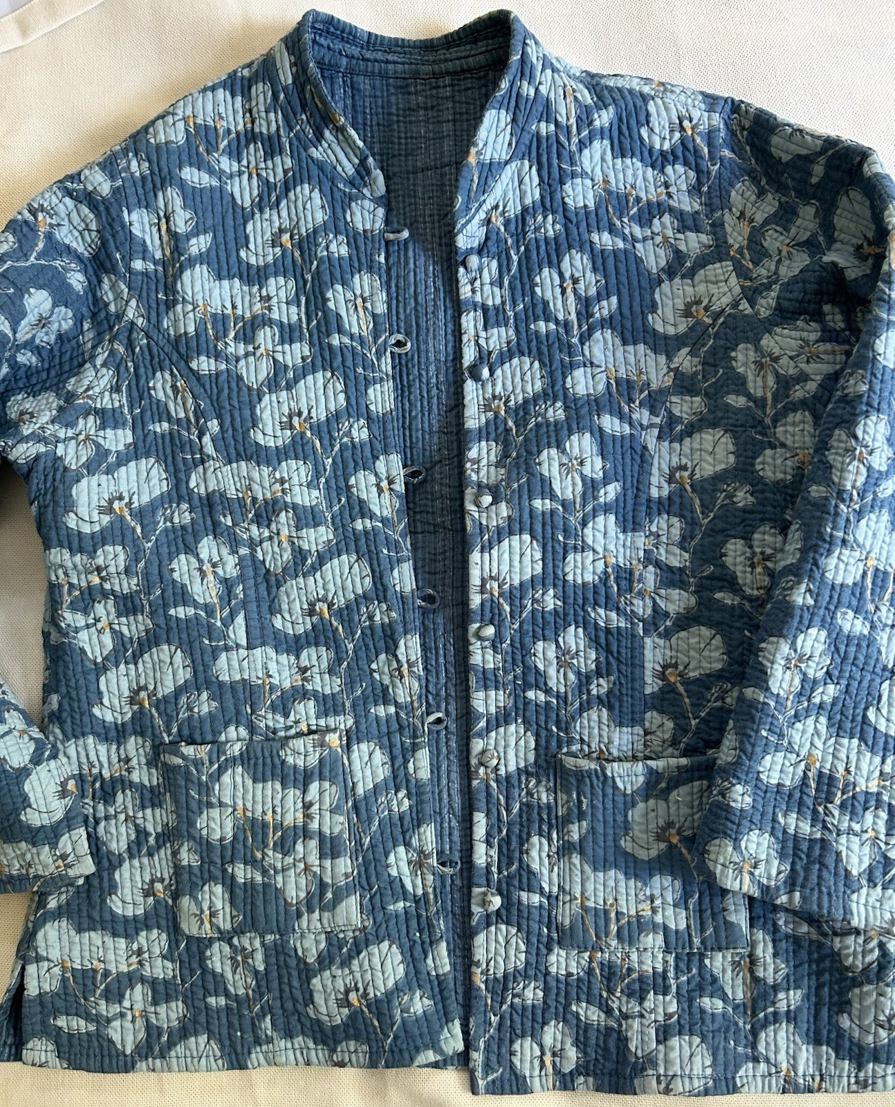 Women’s Blue White Floral reversible Cotton Quilted Kantha Jacket Block Print 