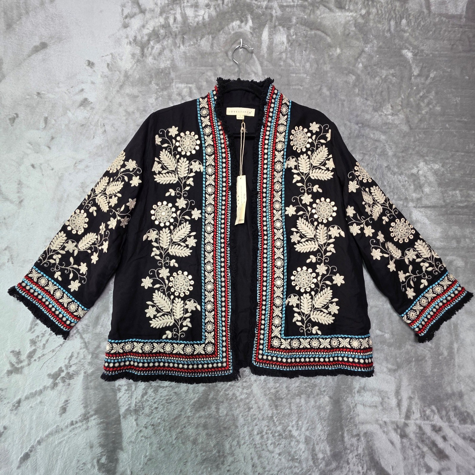 Lovestitch Embroidered Open Front Jacket Black Boho Floral I-20128W-QPA Size L