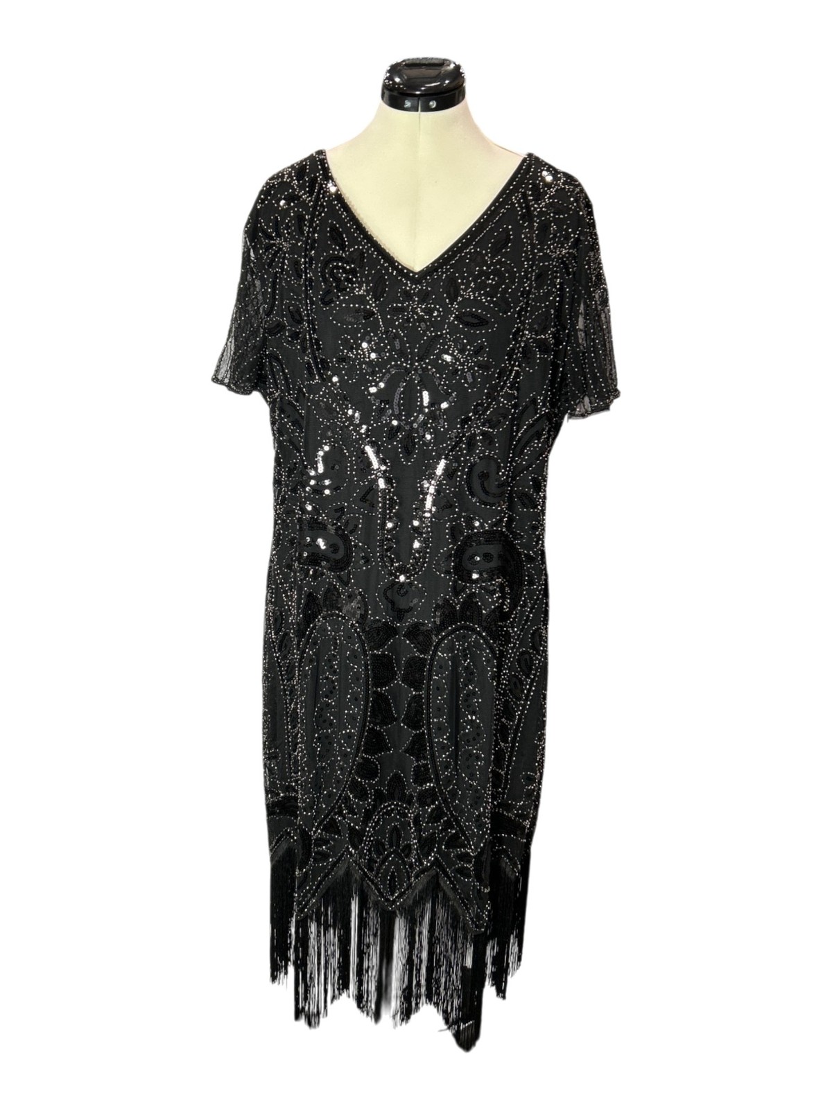 Fundaisy Women's Sequin Fringe Flapper Dress & Accessory Set 3XL Black