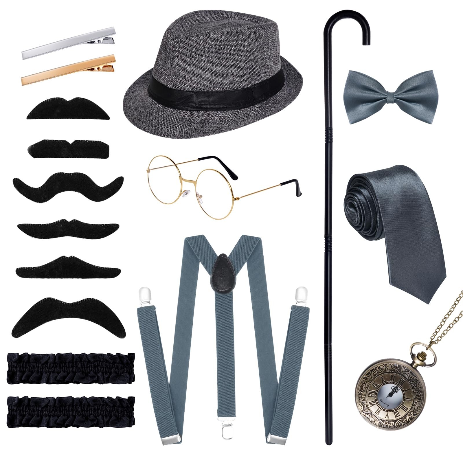17 PCS 1920s Men Costume Accessories Old Men Gangster Set Roaring Retro