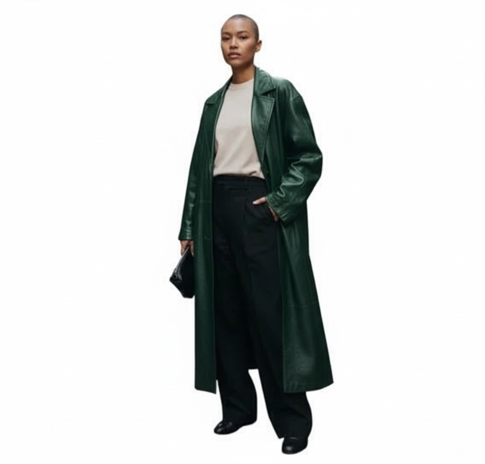 Avanti Womens Rare Green Genuine Leather Jacket Trench Coat M Vintage 1980s/90s