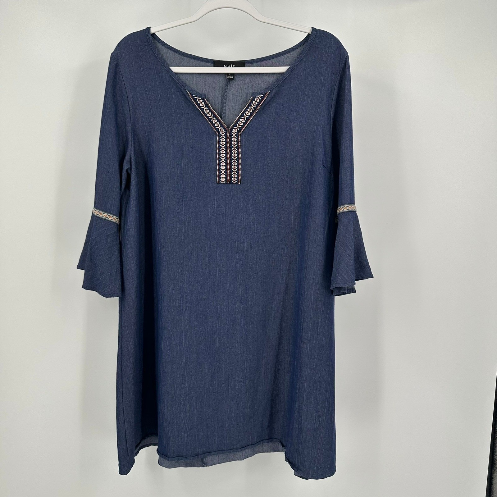 Naif Womens Boho Embroidered Shift Dress Size L Chambray Peasant Folk Artisan