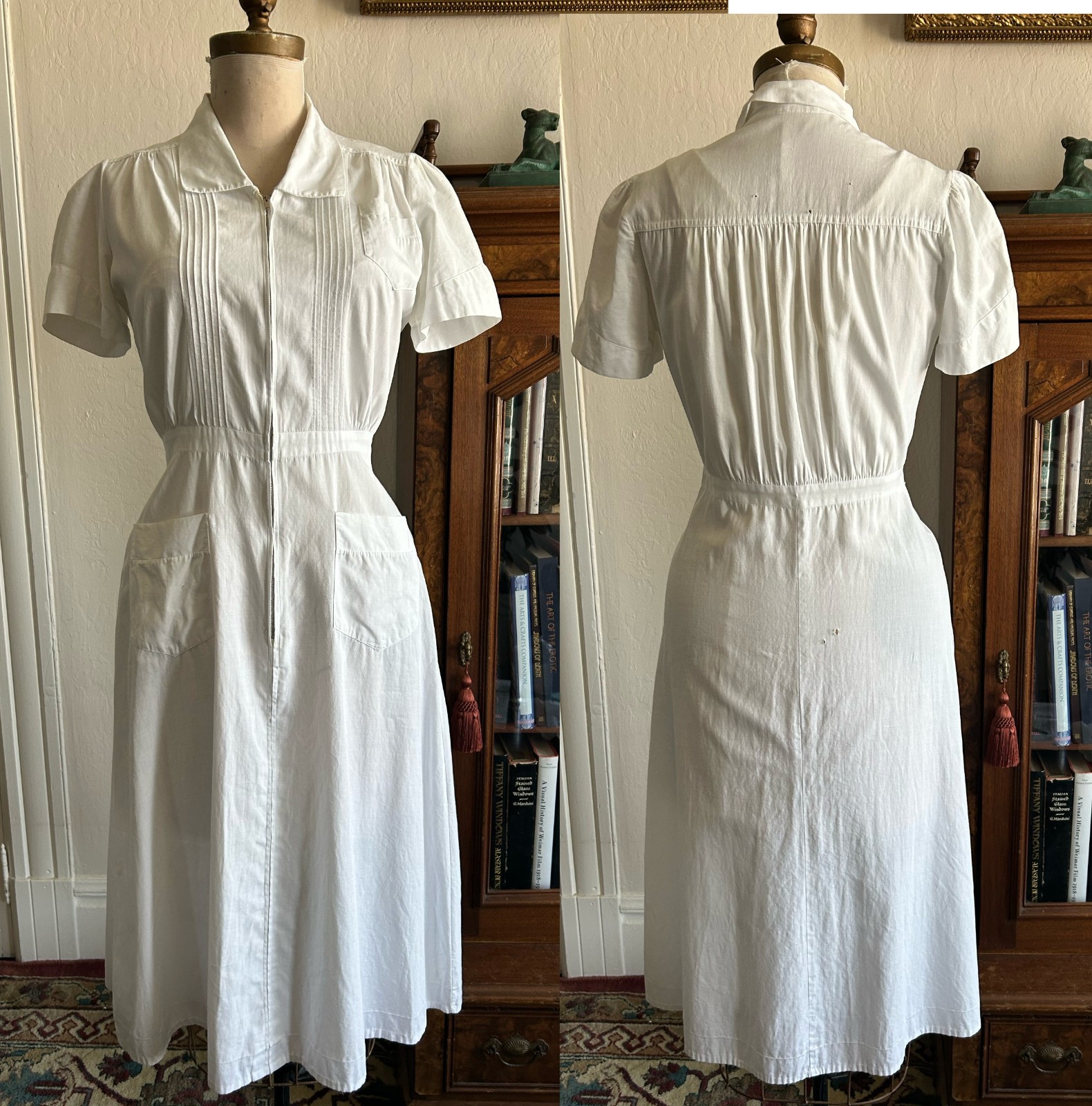 Vintage 1930s 1940s WWII White Cotton Puff Sleeve Zip Uniform/Workwear Day Dress