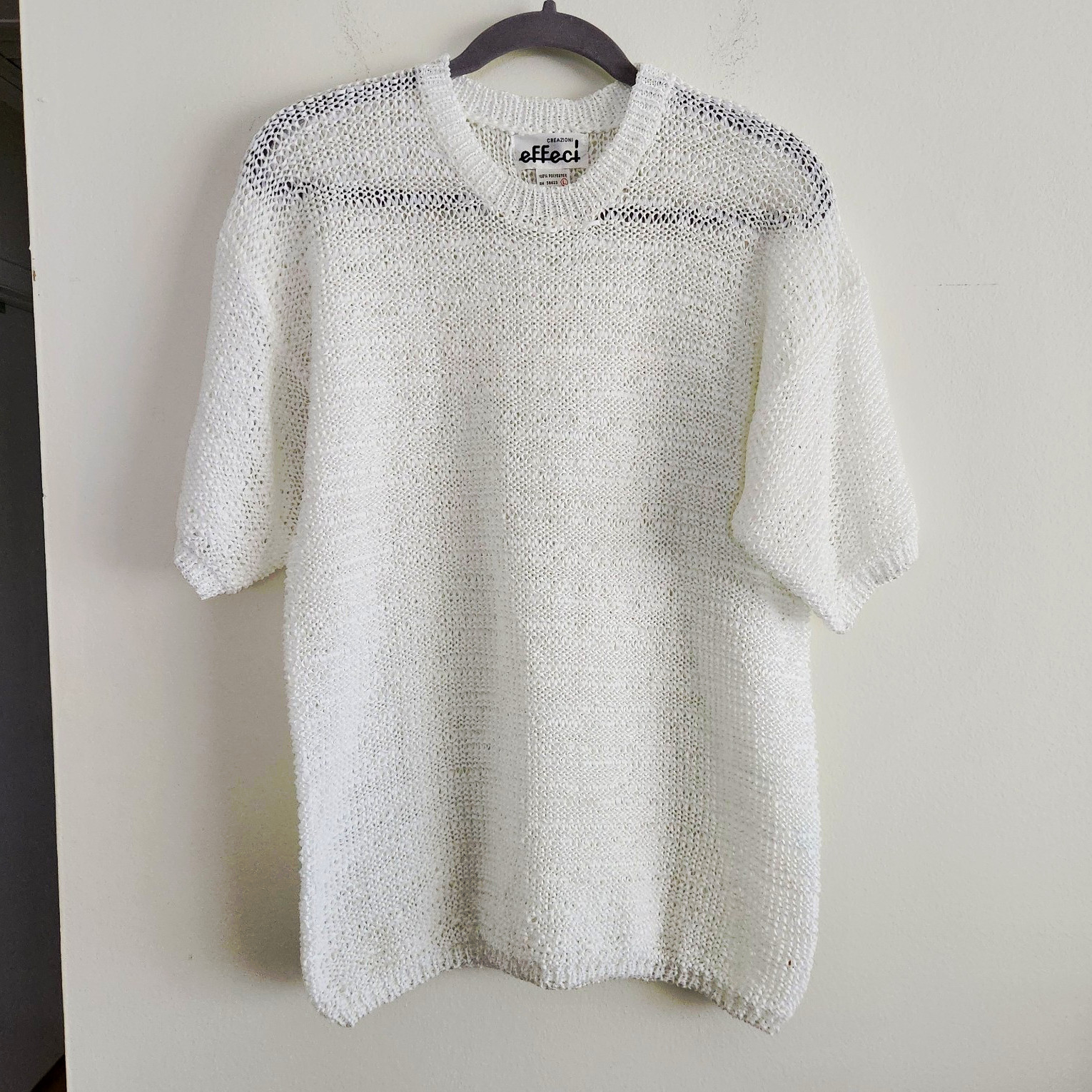Creazioni Effeci White Ribbon Knit Sweater Womens Large Short Sleeve Open Knit