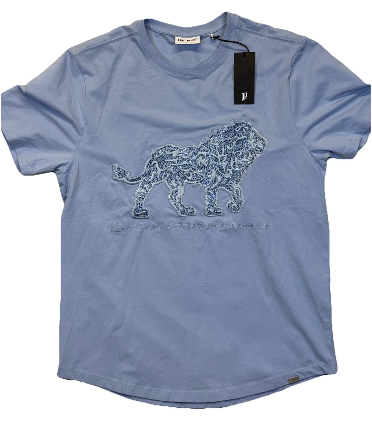 Men’s New Left Point tee XL rhinestone-embellished lion graphic light blue
