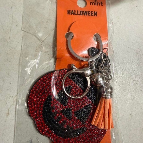 NEW Mint Halloween Rhinestone Pumpkin Keychain with Orange Tassel Red Black