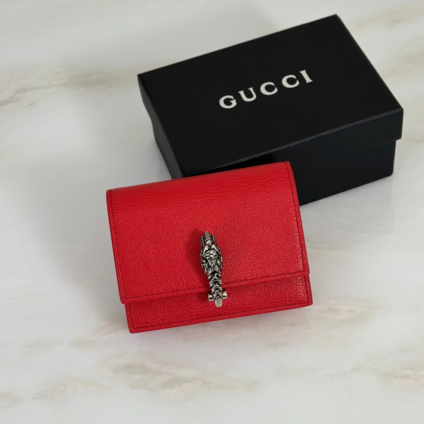 GG Dionysus Red Leather Compact Wallet Tiger Head Card Coin Purse