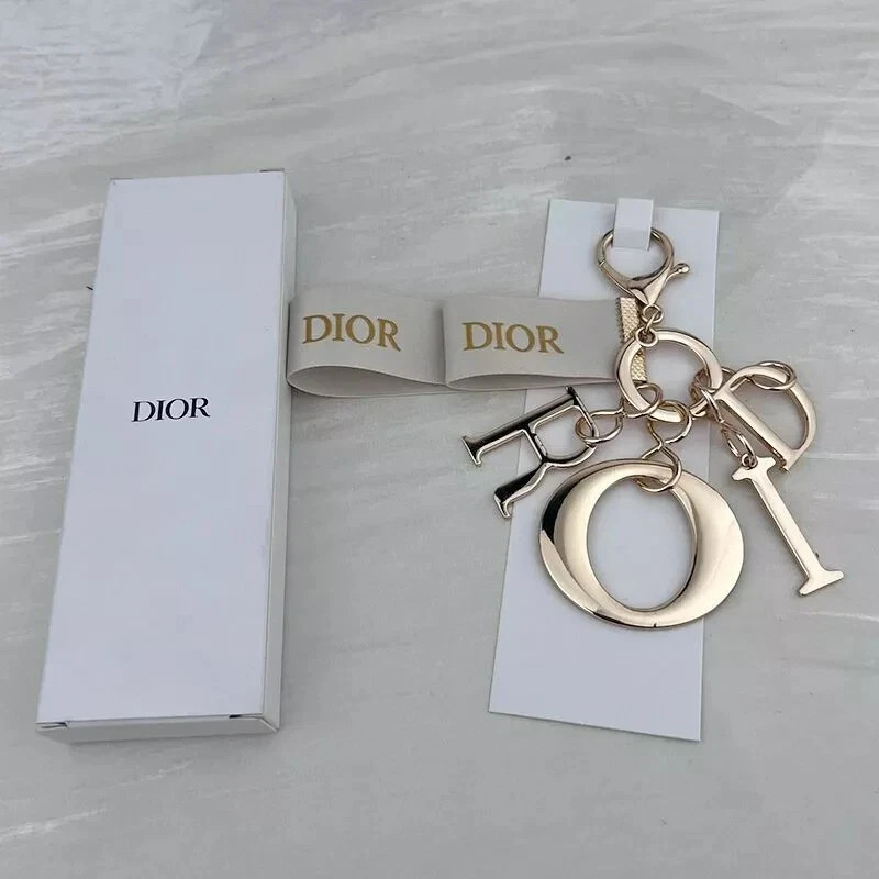 CD Dior DIOR Logo Bag Charm Key Chain Keyring Detachable Rose Gold Cream Fabric