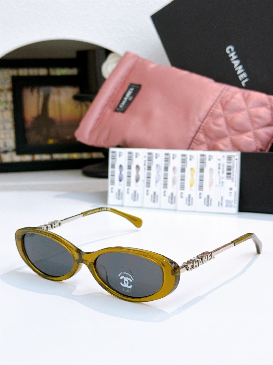 CHANEL CH5565 Olive Oval Sunglasses Gray Lens Gold Logo 54-17-140