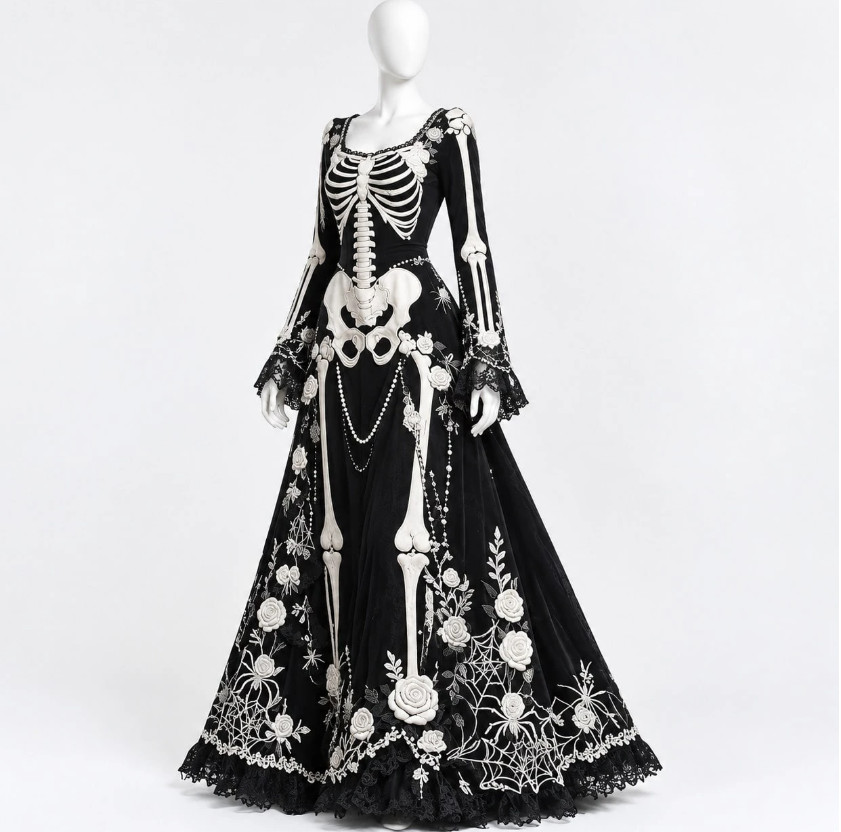 Women Gothic Skeleton Maxi Dress Halloween Costume Long Sleeve Black Party Gown