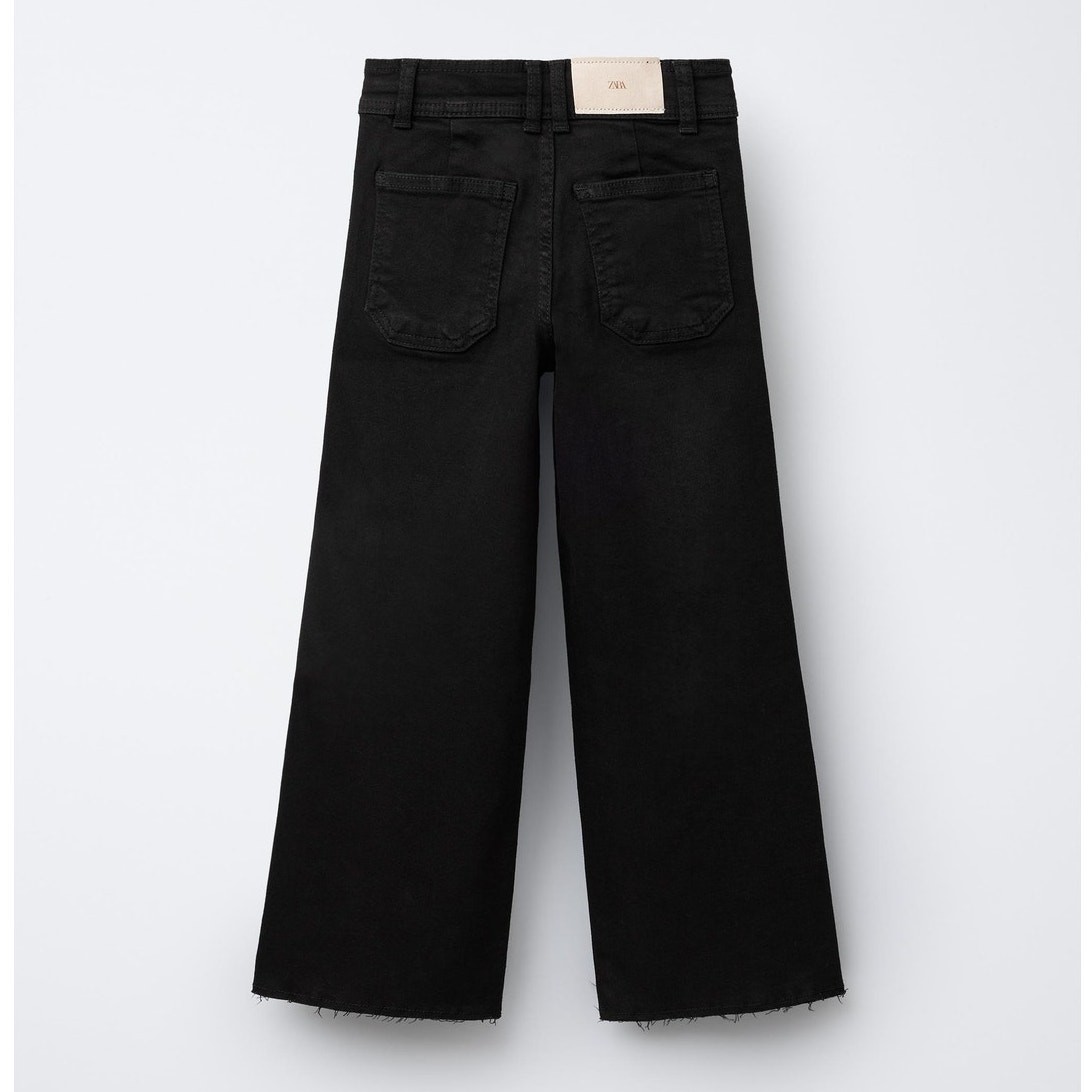 Zara The Marine Straight Jeans Pure Black High Rise Wide Leg Raw Hem US 4 NWT