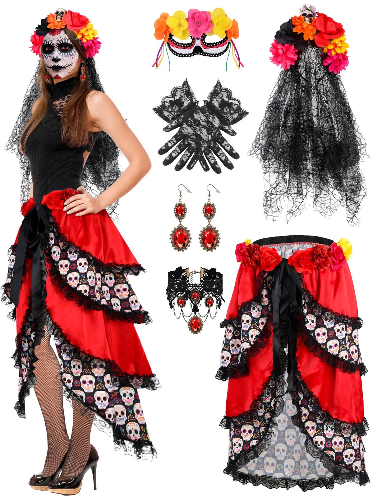 7 Pcs Day of the Dead Costume Set, Lace Bustle Choker Gloves Crown