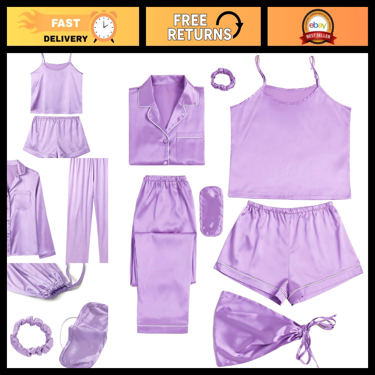 Silky Satin 7-Piece Women\'s Pajama Set, Soft Sleepwear, Comfortable Nightwear