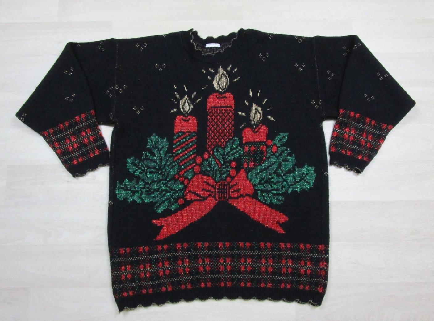 Vintage 80s AOP Christmas Sweater Women\'s (L) Candles Holiday Mock Neck