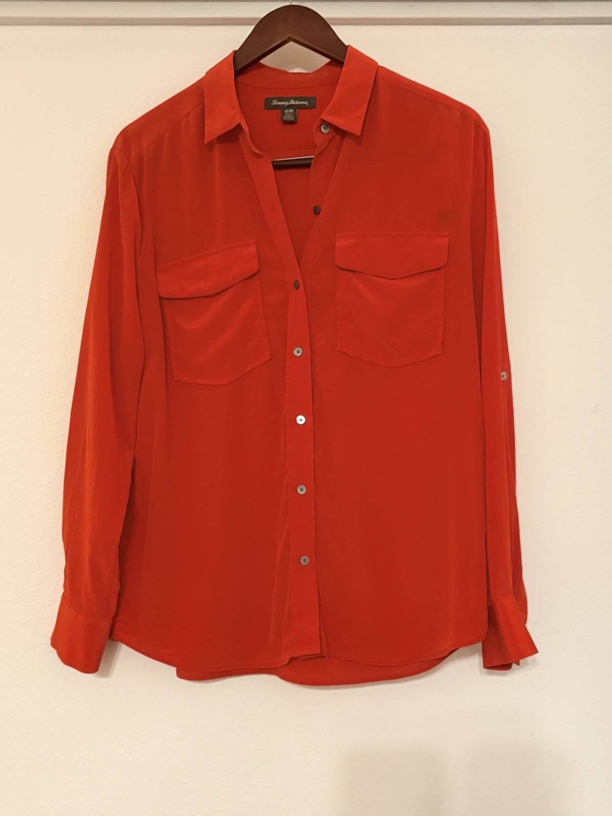 Tommy Bahama Womens M 100% Silk Blouse Red Orange Button Down Roll Tab Shirt