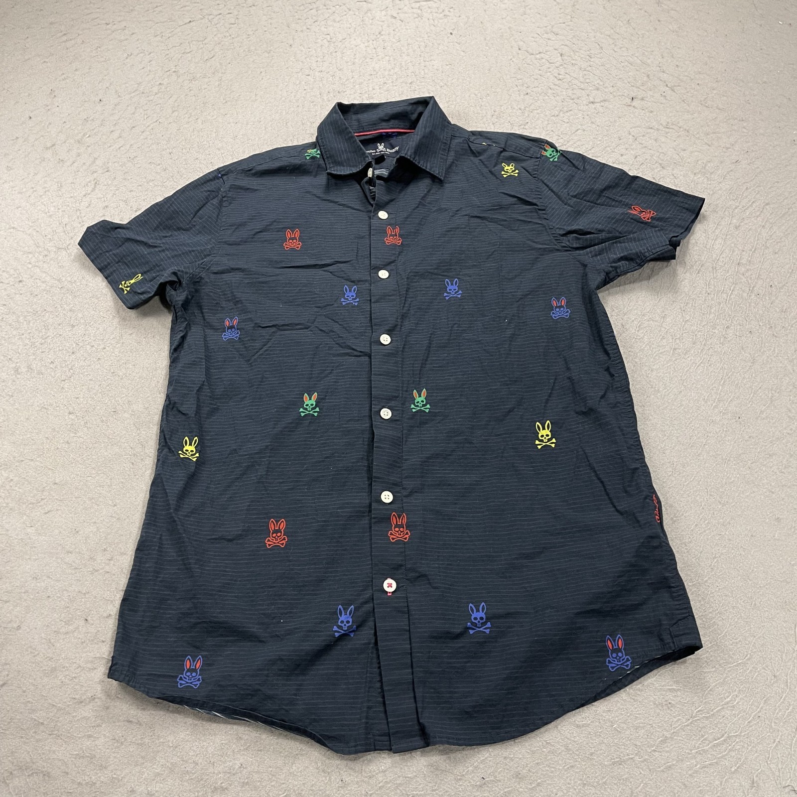 Psycho Bunny Shirt Mens Small Blue Skull Crossbones Logo Casual Button All Over 